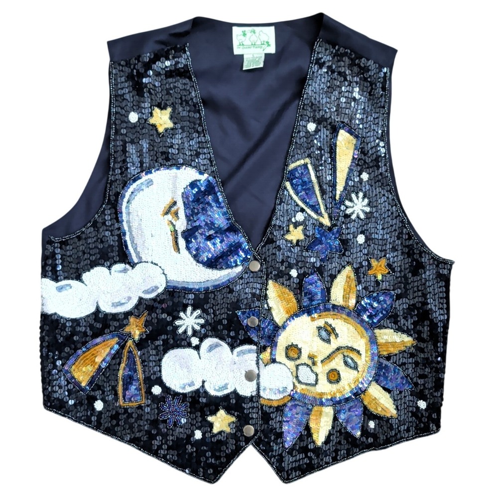 Vintage Quacker Factory Celestial Sequin Vest Navy Sun Moon Stars Large Teacher